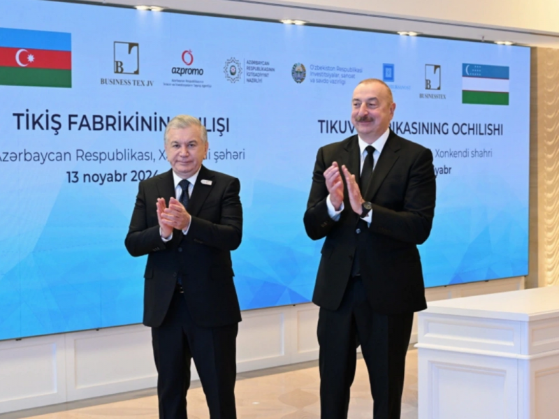 İlham Əliyev və Şavkat Mirziyoyev Xankəndidə tikiş fabrikinin açılışında iştirak ediblər